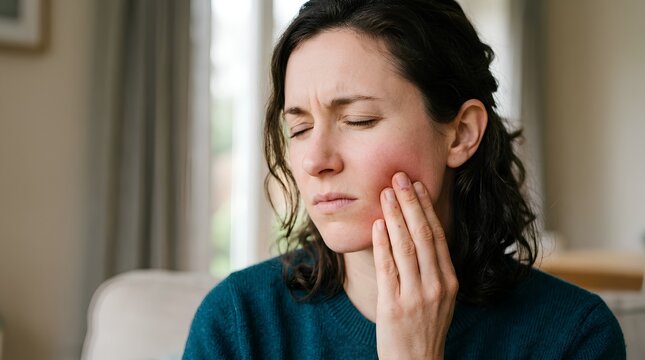 Close-up portrait of a young woman suffering from severe toothache, touching her swollen red cheek with fingers, expressing physical pain, discomfort, and dental distress in a home living room
