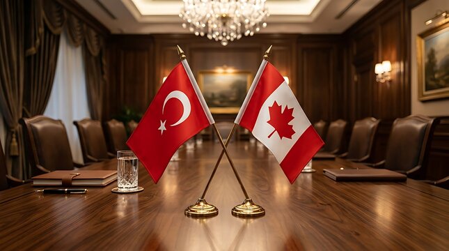 Flags of Turkey and Canada on a Wooden Table in a Luxurious Boardroom for Diplomatic Meeting
