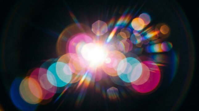 Vibrant abstract lens flare background featuring a brilliant burst of prismatic light, overlapping translucent colorful bokeh circles, and glowing radiant beams isolated on a deep black cinematic