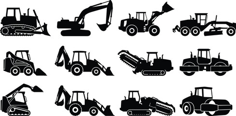 Obraz premium Set of black silhouettes of construction machinery, heavy equipment, excavators, and bulldozers for design projects