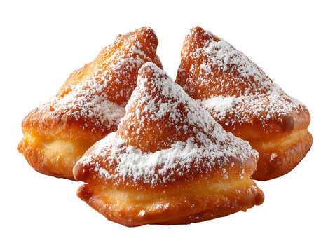 Golden triangular fried dough pastries generously dusted with powdered sugar, crisp outside and fluffy inside, isolated on a white background.
