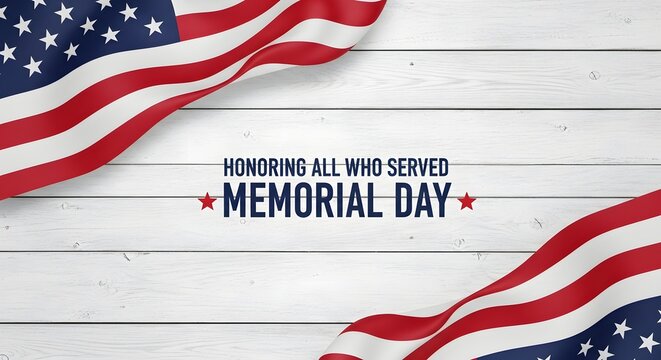Memorial Day text with American flag on wooden background
