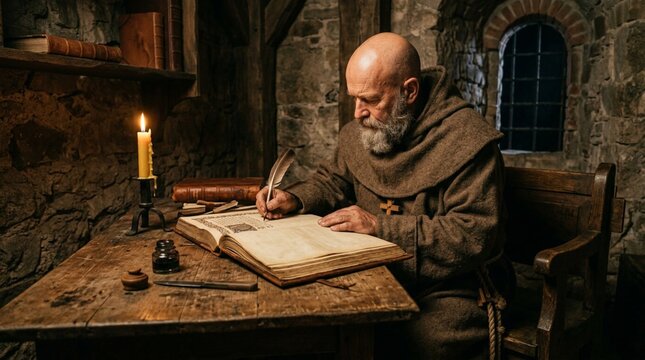 Medieval Monk Writing Ancient Manuscript in Candlelit Scriptorium, Bald Friar with Gray Beard Copying Sacred Text with Quill Pen in Historic Monastery, Illuminated Book on Wooden Desk