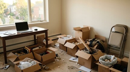 Naklejka premium A sunlit empty office room with a laptop on the desk and half-opened cardboard packing boxes stacked on the floor, showing a move in progress with chairs and books visible inside the boxes near a