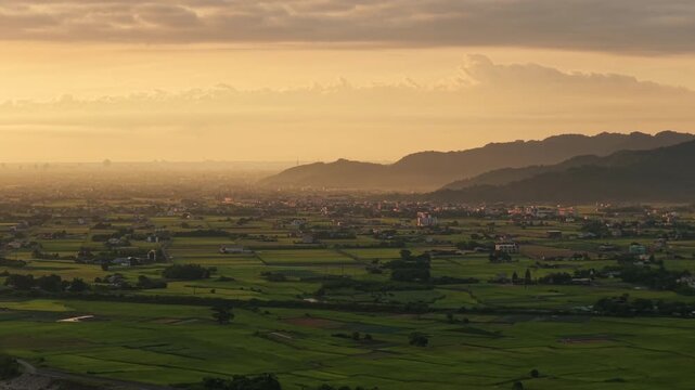 Aerial view of rice field in countryside of Yilan at morning, Taiwan
