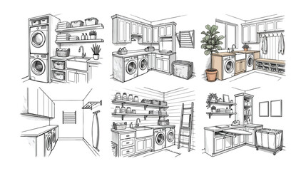 Obraz premium Hand drawn laundry room interior sketches, set of 6 vector illustrations of utility room with washing machine, modern mudroom and laundry area design