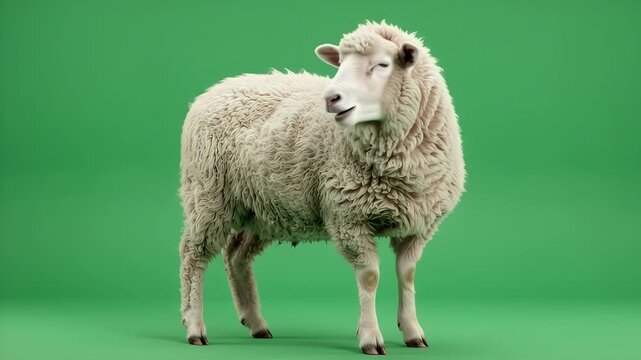 Fluffy white woolly sheep standing in profile on green screen for chroma key