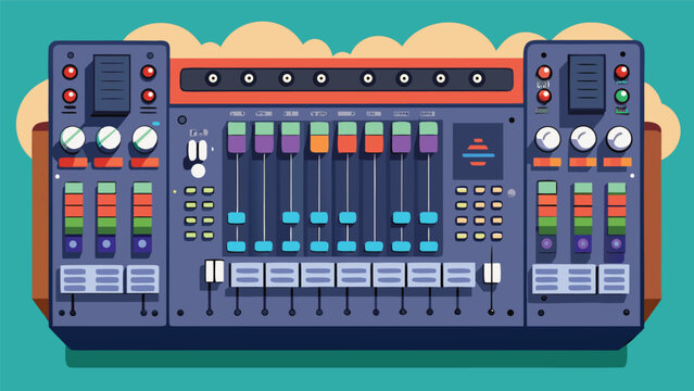 Professional digital audio mixing station with faders and knobs audio engineering production recording controller electronic interface technology broadcast equipment software equalizer