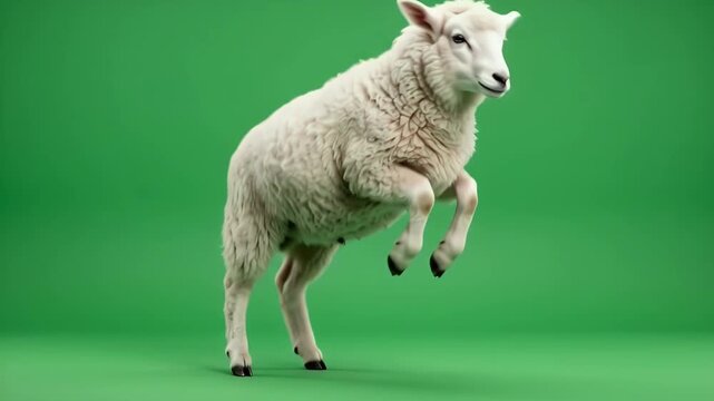 Young lamb jumping and frolicking on green screen for chroma key compositing