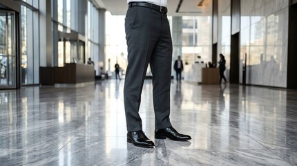 Fototapeta premium Professional man standing in modern office building lobby with marble floors