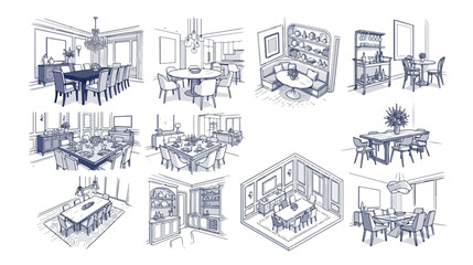 Obraz premium Hand drawn dining room interior sketches, set of 11 architectural vector illustrations, modern home furniture and table settings