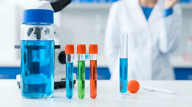 Laboratory glassware containing colorful chemical liquids sits on a white table near a professional microscope while a researcher in a lab coat performs scientific work in the blurred