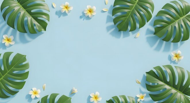 Monstera leaf and plumeria flower tropical frame