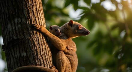 Obraz premium Mother lemur climbing tree with baby on back