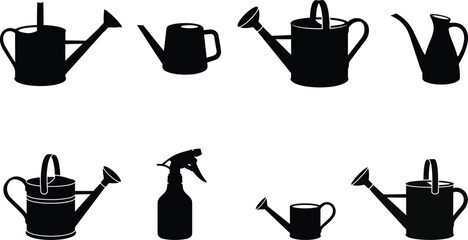 Watering Can Silhouette Collection Featuring Garden Watering Cans, Spray Bottles, Plant Watering Tools, and Gardening Equipment © Mst