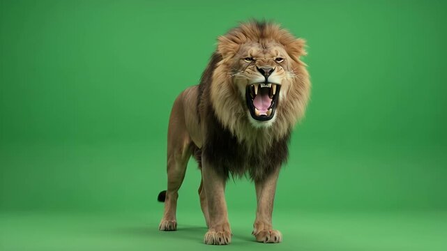 Male lion with mane standing and roaring on green screen for chroma key compositing