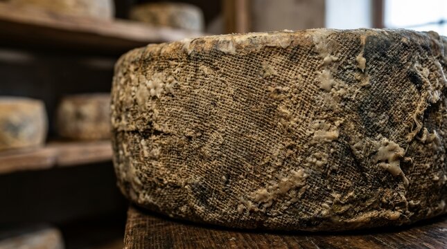A close up shows cheese wheels aging on a wooden shelf.