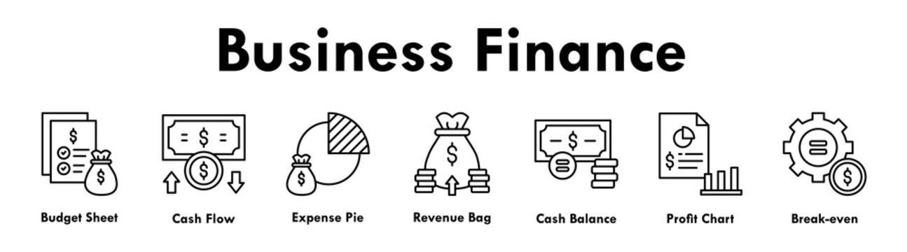 Business Finance banner web icon illustration concept with icon of budget sheet, cash flow, expense pie, revenue bag, cash balance, profit chart, and break-even