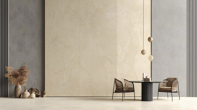 design minimalist of a full length photo of concrete wall which colour of combination brown and beige compliment with chair and table
