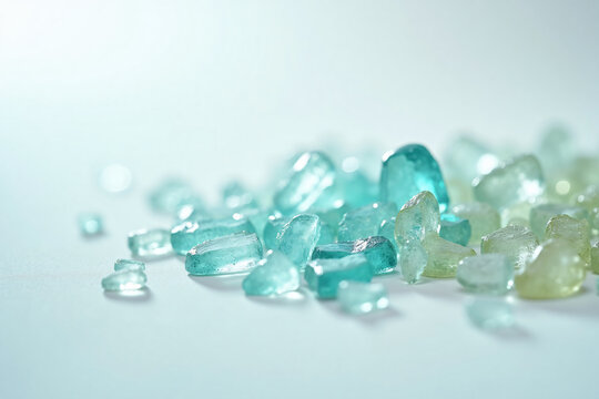 Close up of beautiful translucent blue and pale green sea glass scattered on white surface with soft natural lighting