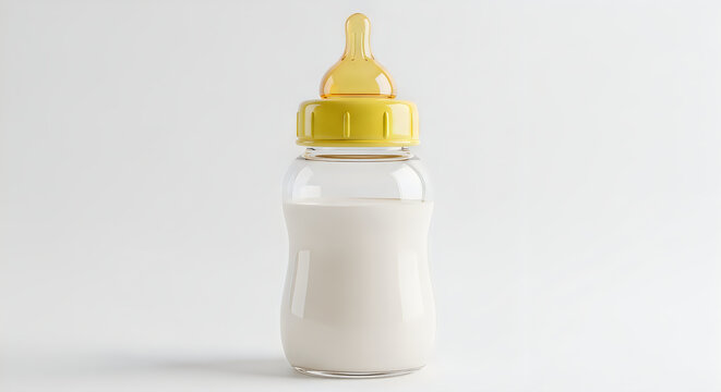 Baby bottle filled with milk and yellow nipple on white surface