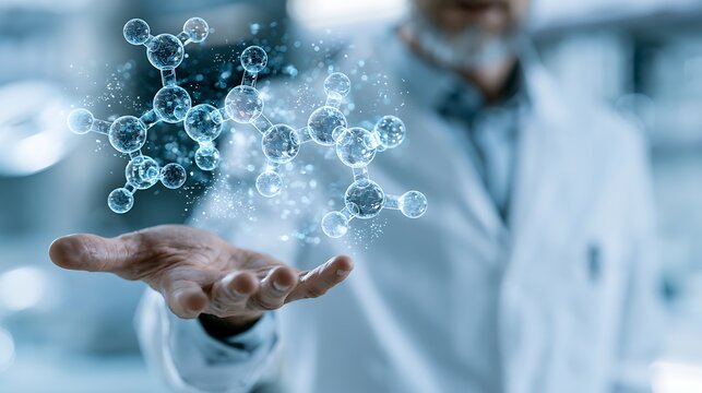 Scientist presenting futuristic molecular ecosystem, pharmaceutical AI platform, biotechnology innovation,