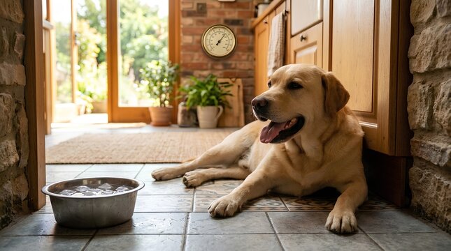 Golden Labrador Retriever Relaxing on Kitchen Floor with Ice Water Bowl, Happy Panting Dog in Cool Shade Indoors, Pet Care Summer Heat Relief, Domestic Animal Portrait, Home Comfort