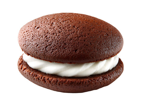 Classic chocolate whoopie pie with fluffy vanilla cream filling between soft cake-like cookies, isolated on a white background.