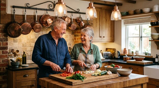 Happy senior couple cooking together in the kitchen, chopping fresh vegetables on wooden cutting board, enjoying retirement lifestyle, healthy home cooking and spending time together in domestic