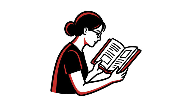 A stylized illustration of a young woman reading a book