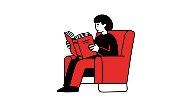 A stylized illustration of a person sitting in a comfortable chair while reading a large book