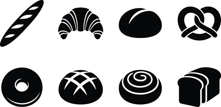 Baked Goods Silhouettes Featuring Bread, Croissant, Pretzel, and Donut