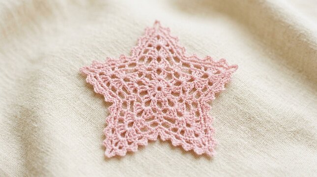 Delicate Handmade Pink Crochet Star with Intricate Openwork Lace Pattern on Soft Cream Fabric Background, Textile Craft Detail, Needlework Art, Decorative Embellishment, Handcrafted Home Decor