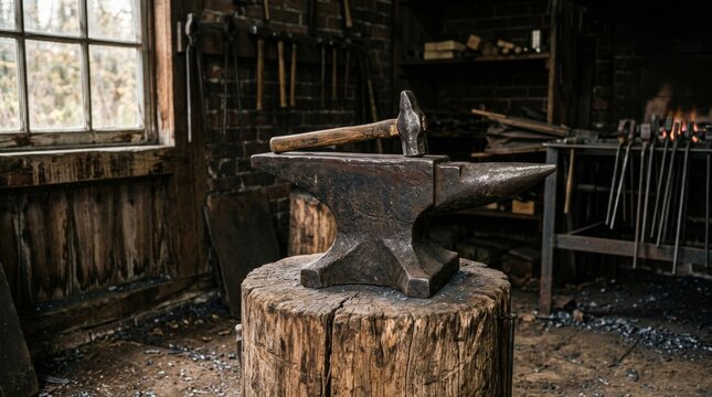 Hammer rests on the anvil in a rustic blacksmith workshop.