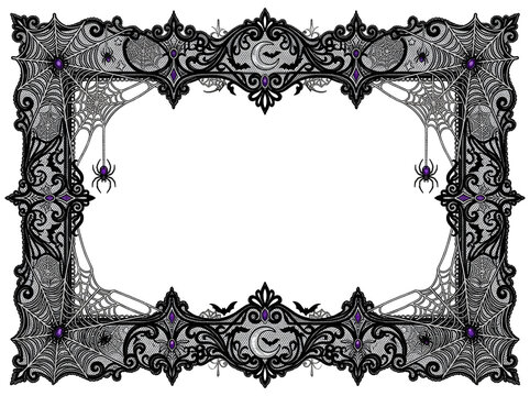 Gothic Halloween frame with intricate spider web details and ornate Victorian scrollwork, dark spooky border featuring hanging spiders and crescent moon accents on a white background. Ornate