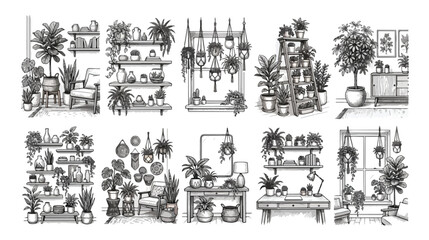 Obraz premium Hand drawn indoor plant collection, set of 10 botanical interior scenes, black and white line art houseplant illustrations, urban jungle home decor vector