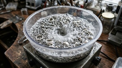 Fototapeta premium Metal shavings and rings swirl in soapy water inside a plastic bucket.