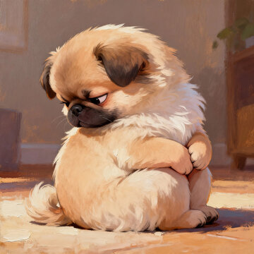Grumpy Fluffy Cartoon Pug Sitting Indoors