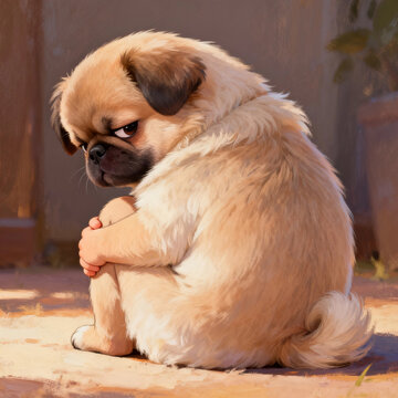 Grumpy Fluffy Cartoon Pug Sitting Indoors