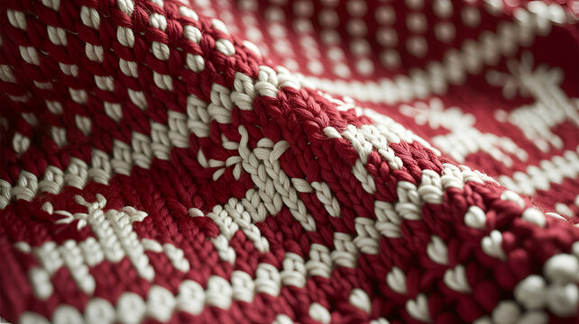 Close-up of red and white knitted fabric with snowflake patterns. Winter-themed textured wool material for holiday and cozy design projects.