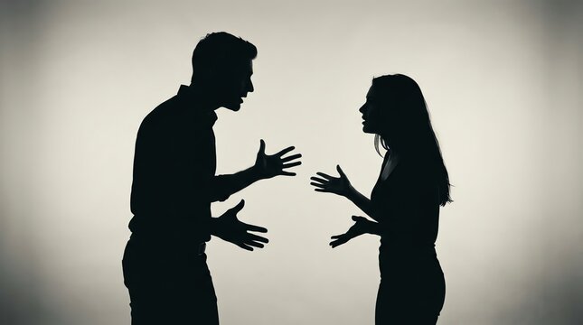 Silhouette of a couple arguing, hands gesturing wildly in a dramatic confrontation against a light background