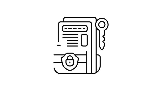 Minimalist outline animation of data security key lock document drawing on and fading out. Features a clean pop up style in 3 color setups.