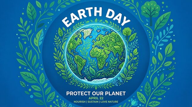 Earth Day Poster Illustration Featuring Green Foliage Globe and April 22 Environmental Awareness Text