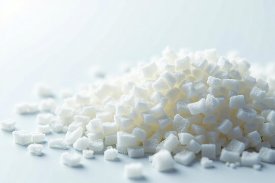 Close-up pile of small white granulated plastic pellets or polymer grains used for manufacturing or industrial production background texture