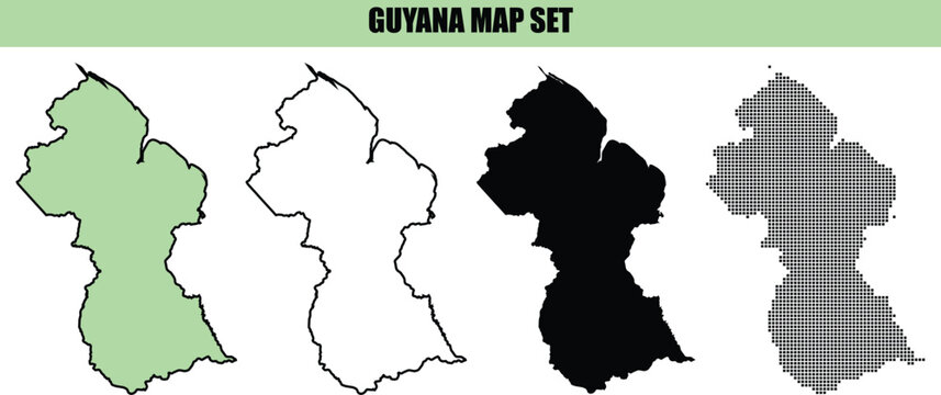 Set of four different map designs of guyana featuring green silhouette outline black solid and dotted pattern styles for graphic design