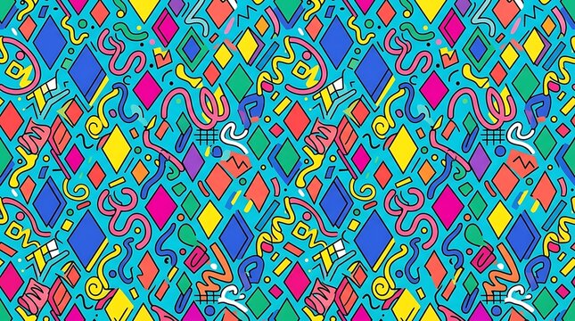 Vibrant retro ninety style seamless geometric pattern on turquoise