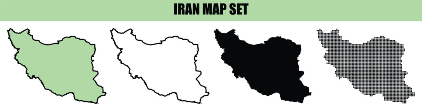 Set of four different map designs of iran showing various styles including solid color outline silhouette and grid pattern isolated on white