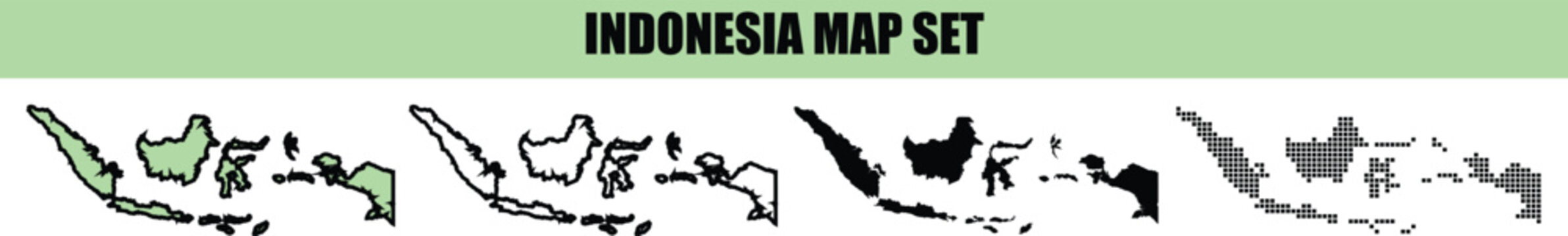 A collection of four distinct black and white silhouette map icons of indonesia showing the archipelago islands on a plain white background
