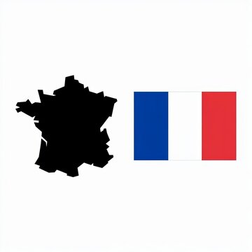 Black Silhouette Map of France Next to the National Flag of France on a White Background french