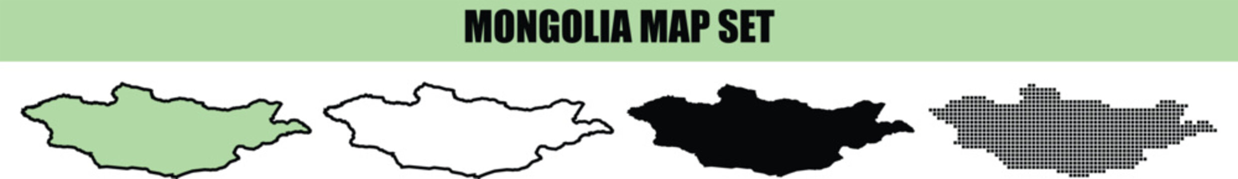 Set of four different map designs of mongolia featuring a green silhouette a white outline a black shape and a striped pattern
